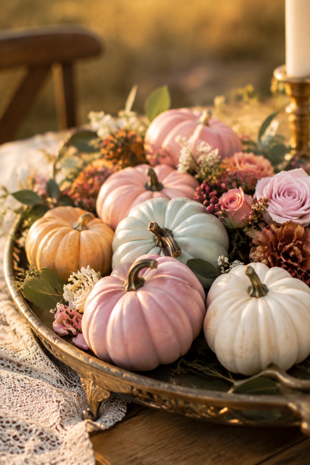 Pastel pink, white, and mint pumpkins with roses on an ornate brass tray
