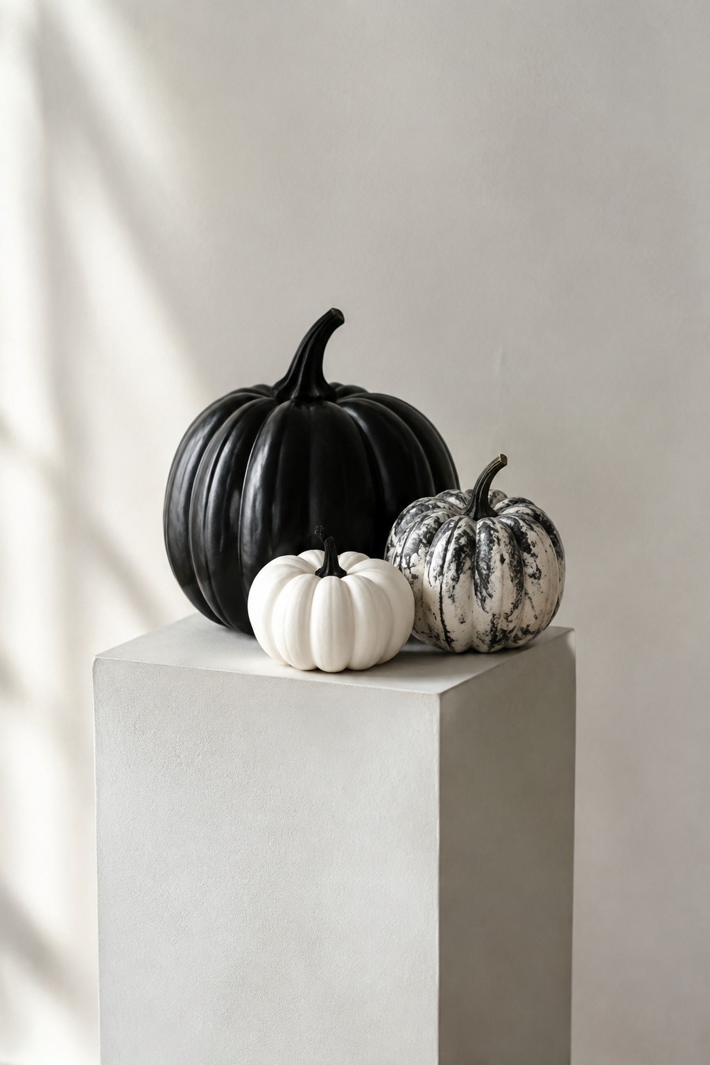 Three pumpkins in black, white, and marbled finish on a white pedestal