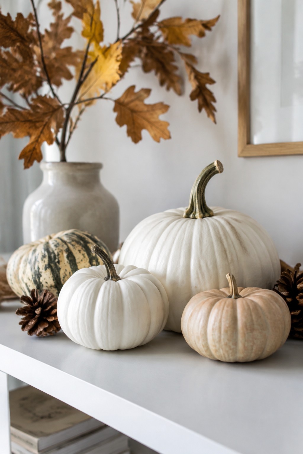 A white shelf holds a group of small pumpkins painted in white, off-white, and beige tones, with one green-striped pumpkin, dried leaves in a vase, and pinecones.