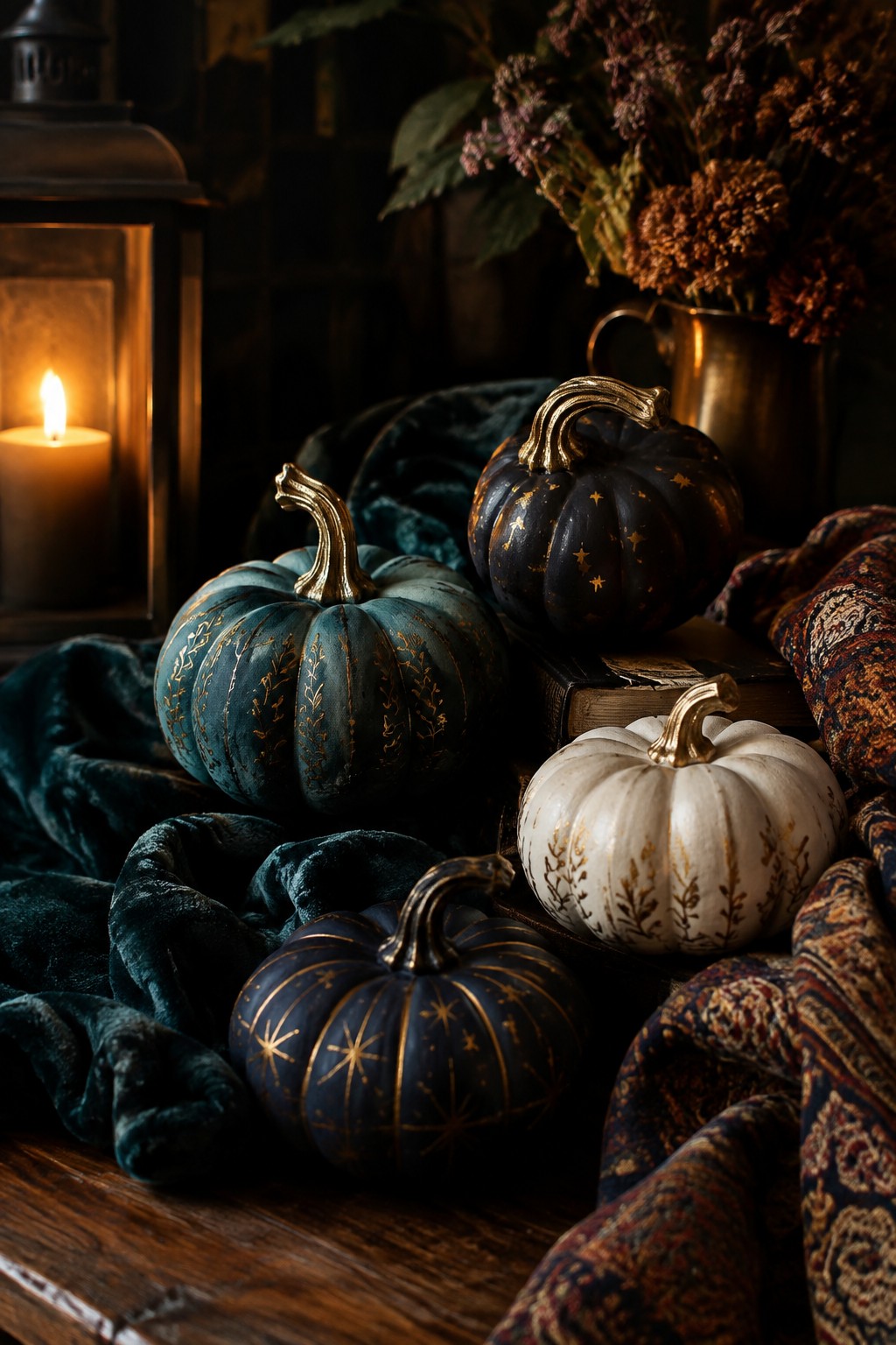 Small pumpkins painted in teal, navy, and white with gold metallic patterns and stems arranged on dark velvet fabric beside a lit lantern.