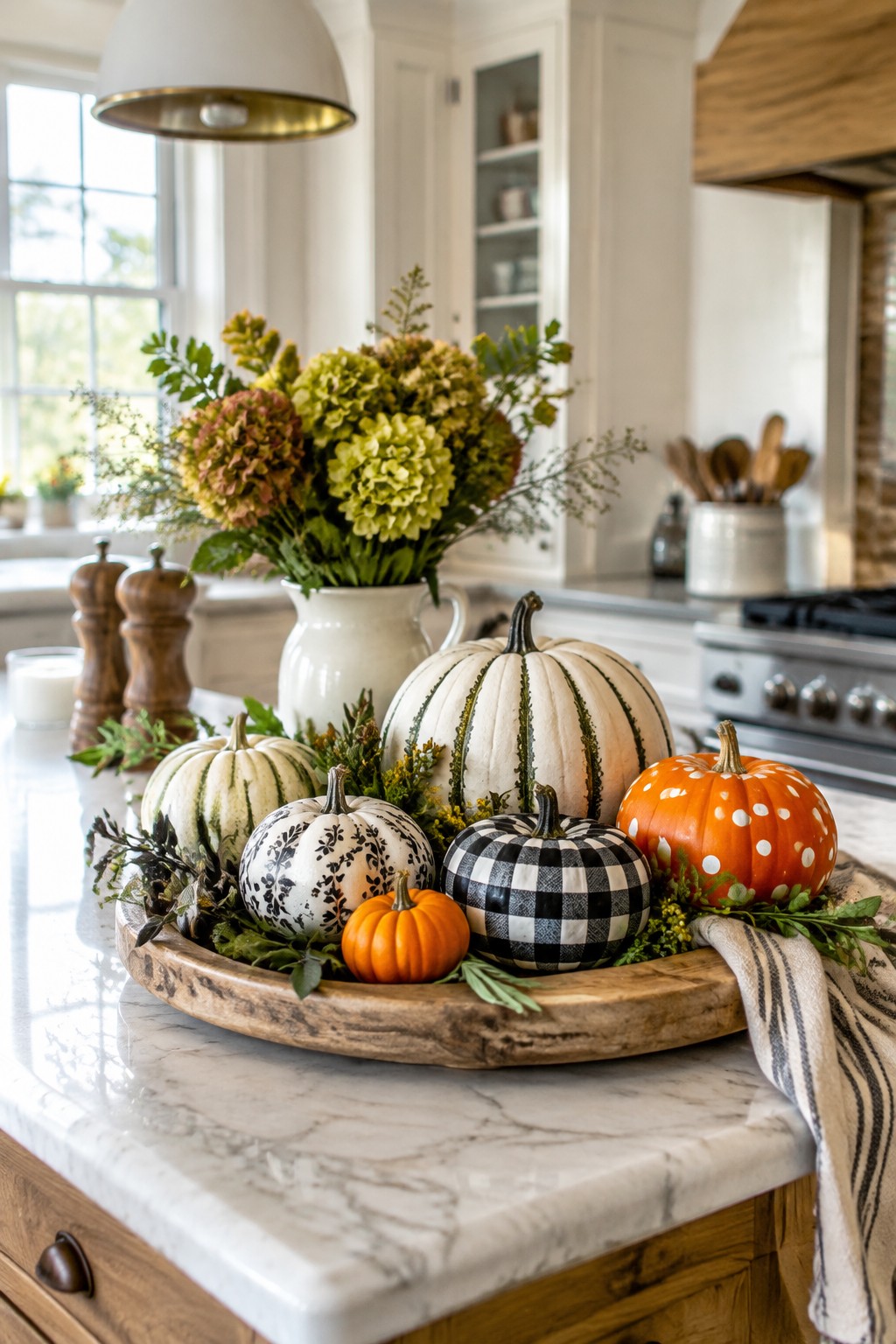 Wooden tray on a marble kitchen counter holding several small painted pumpkins with patterns including stripes, florals, gingham, and polka dots, surrounded by greenery.