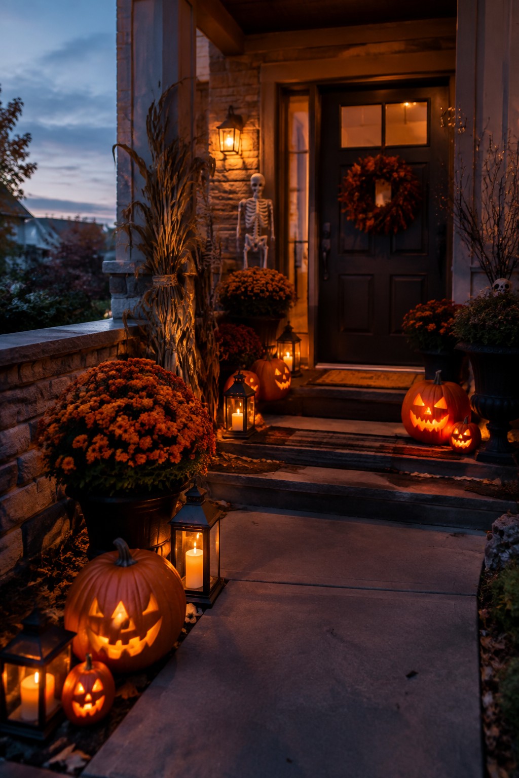 Illuminated jack-o'-lanterns, lanterns, and skeleton on Halloween porch at dusk