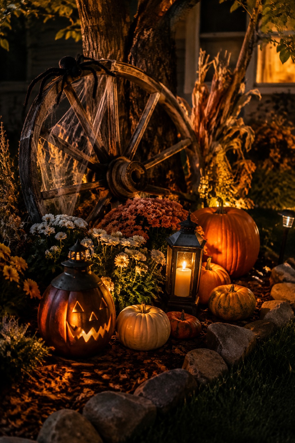 Outdoor yard display featuring carved jack o' lanterns, smaller pumpkins, and lanterns arranged at the base of a large tree with a spider on a wagon wheel nearby.