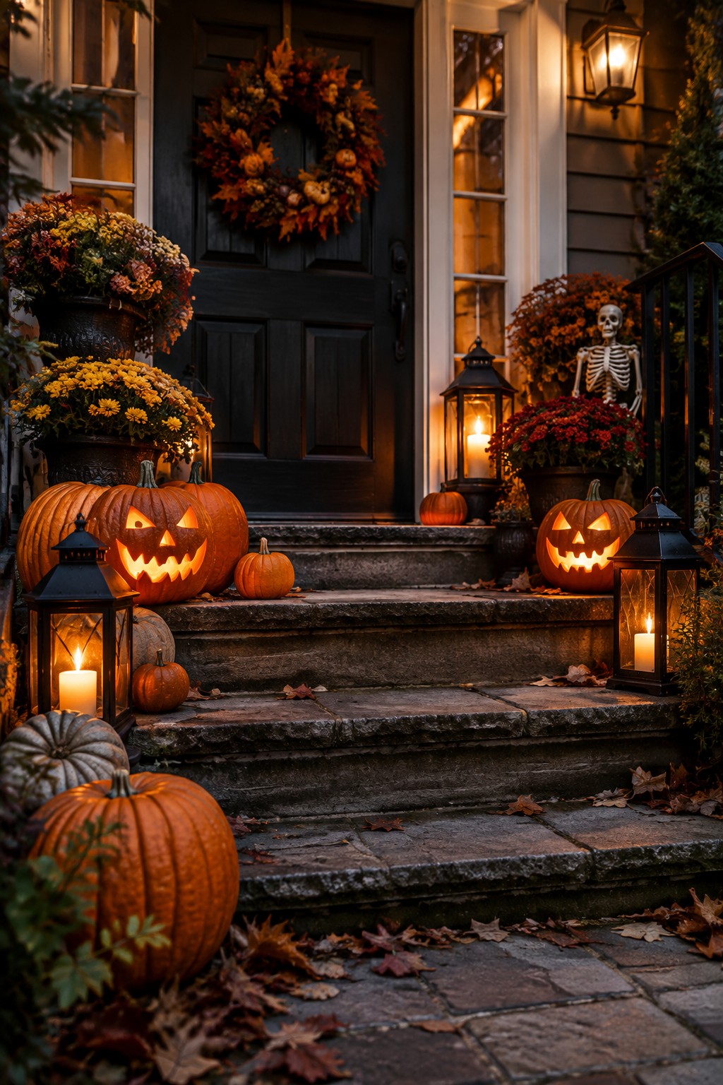 Front porch steps lined with multiple carved and lit jack o lanterns, black lanterns, and potted plants leading to a dark front door.