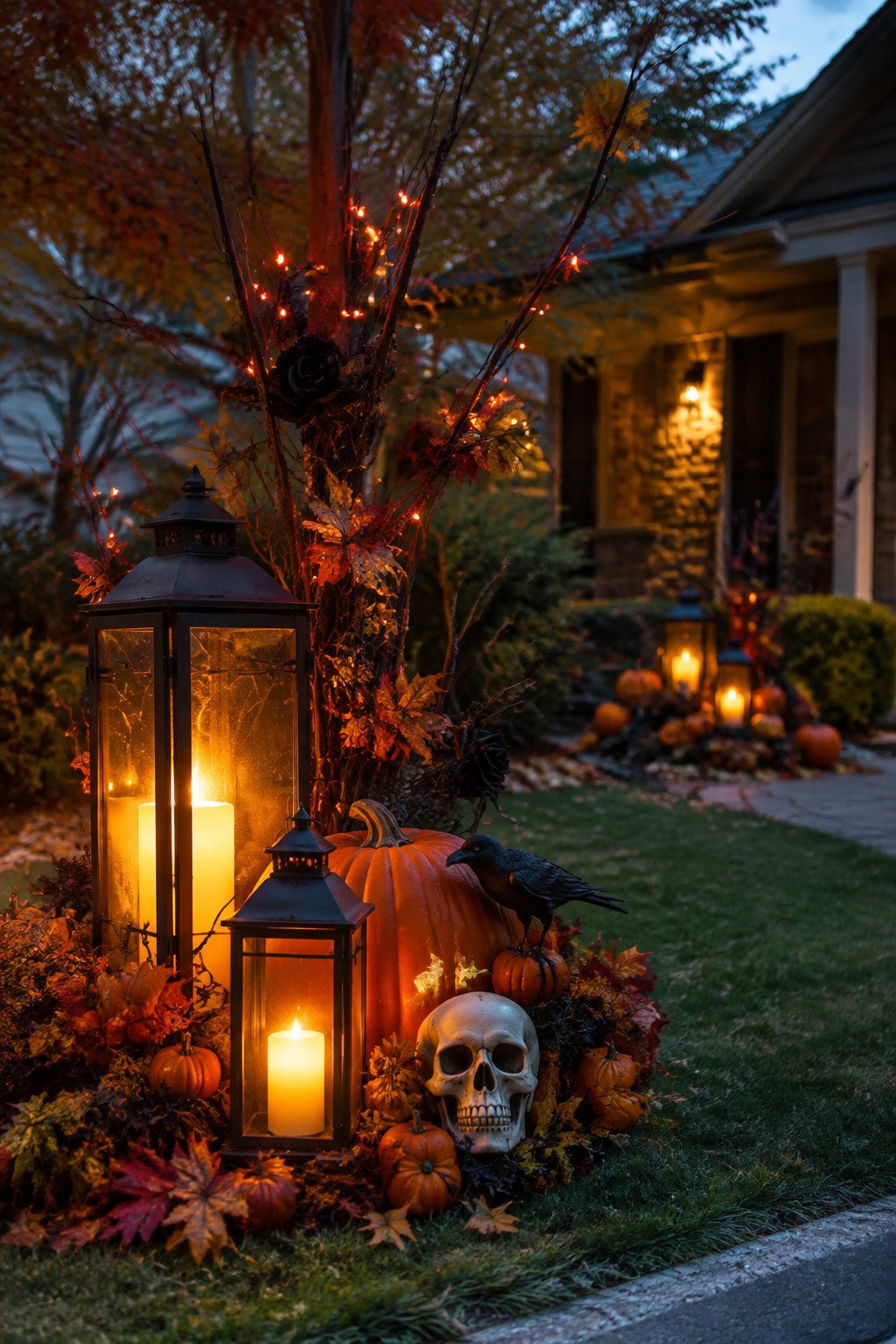 Outdoor yard display with a large orange pumpkin, two black lanterns with lit candles, a white skull, and a black crow at the base of a tree surrounded by smaller pumpkins and autumn leaves.
