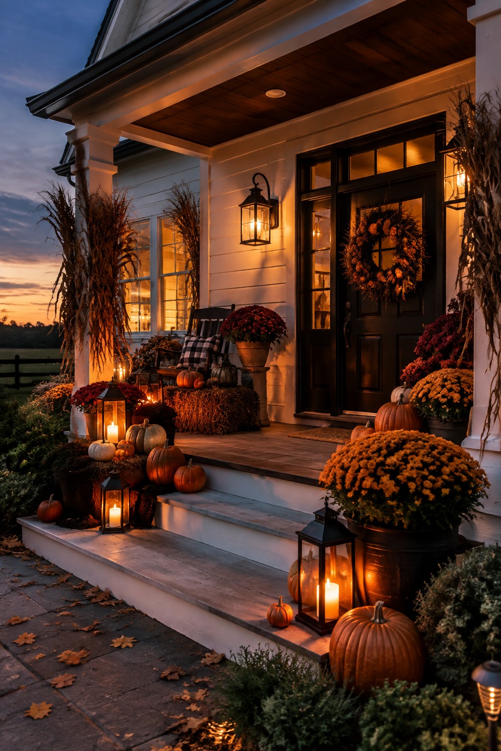 Front porch steps lined with orange pumpkins and glowing black lanterns beside a black door with a wreath.