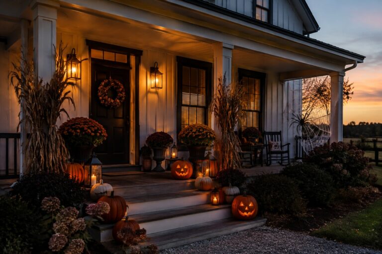 Front porch steps lined with orange pumpkins and glowing black lanterns beside a black door with a wreath.