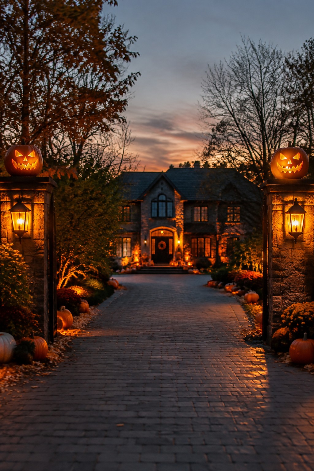 Brick driveway entrance with stone pillars holding two large glowing carved jack o lanterns and smaller pumpkins lining both sides of the path.