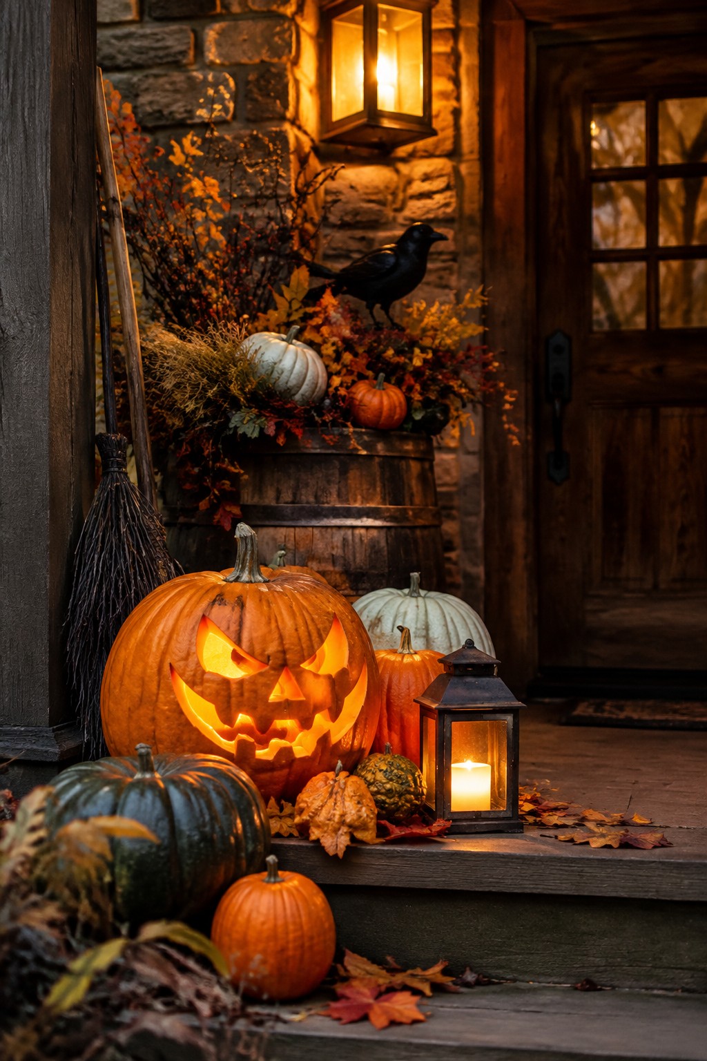 Front porch steps lined with carved and lit jack o lanterns, smaller pumpkins, a black crow, and a lantern near a wooden door.