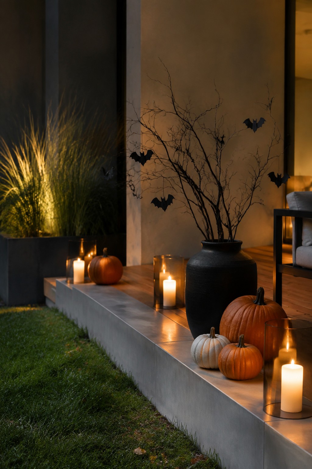 Concrete steps with pumpkins, lit candles, black vase, and bat-adorned branches at night