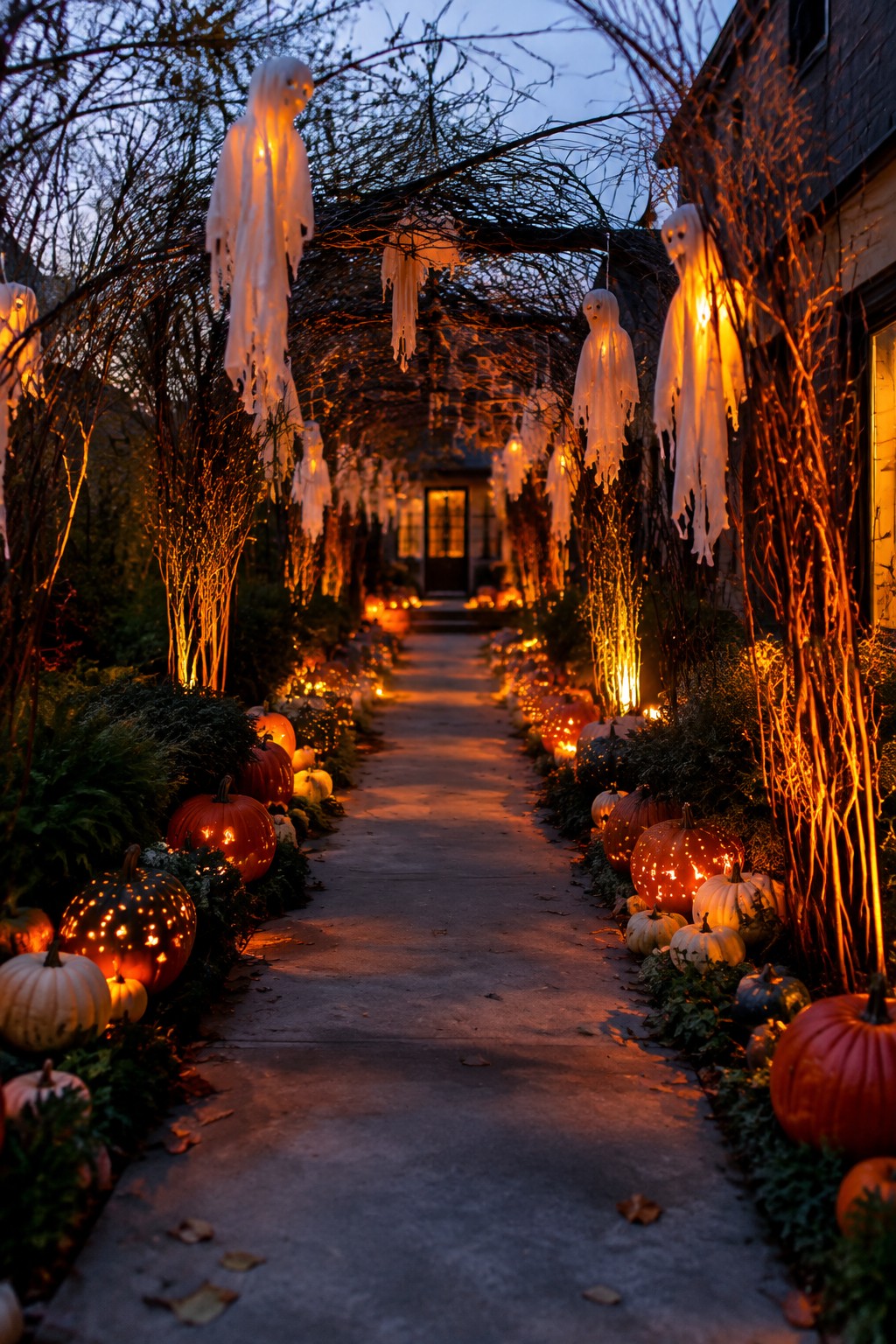 Autumn path lined with glowing pumpkins and hanging ghost lanterns at dusk