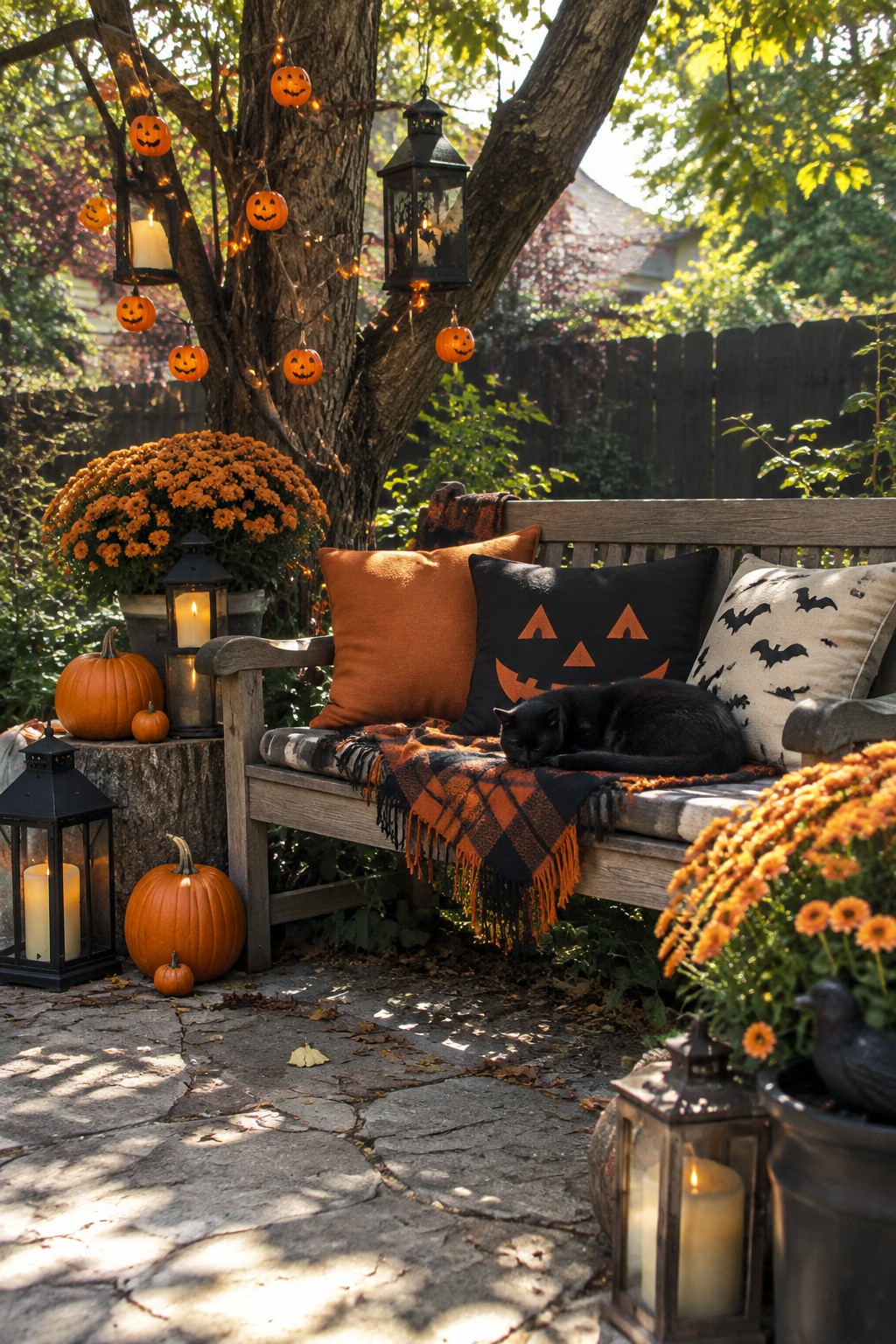 Wooden bench on a stone patio under a tree decorated with hanging jack o lantern string lights, black lanterns, and orange pumpkins.