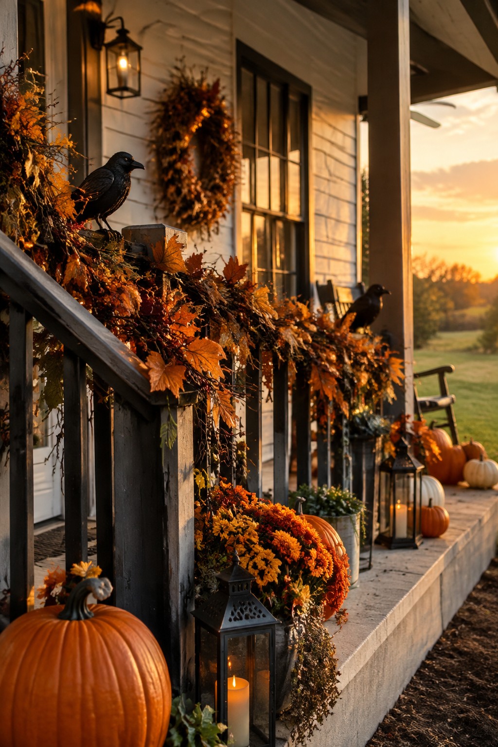 Front porch lined with orange pumpkins and black lanterns at sunset, accented by autumn garlands and two crows.