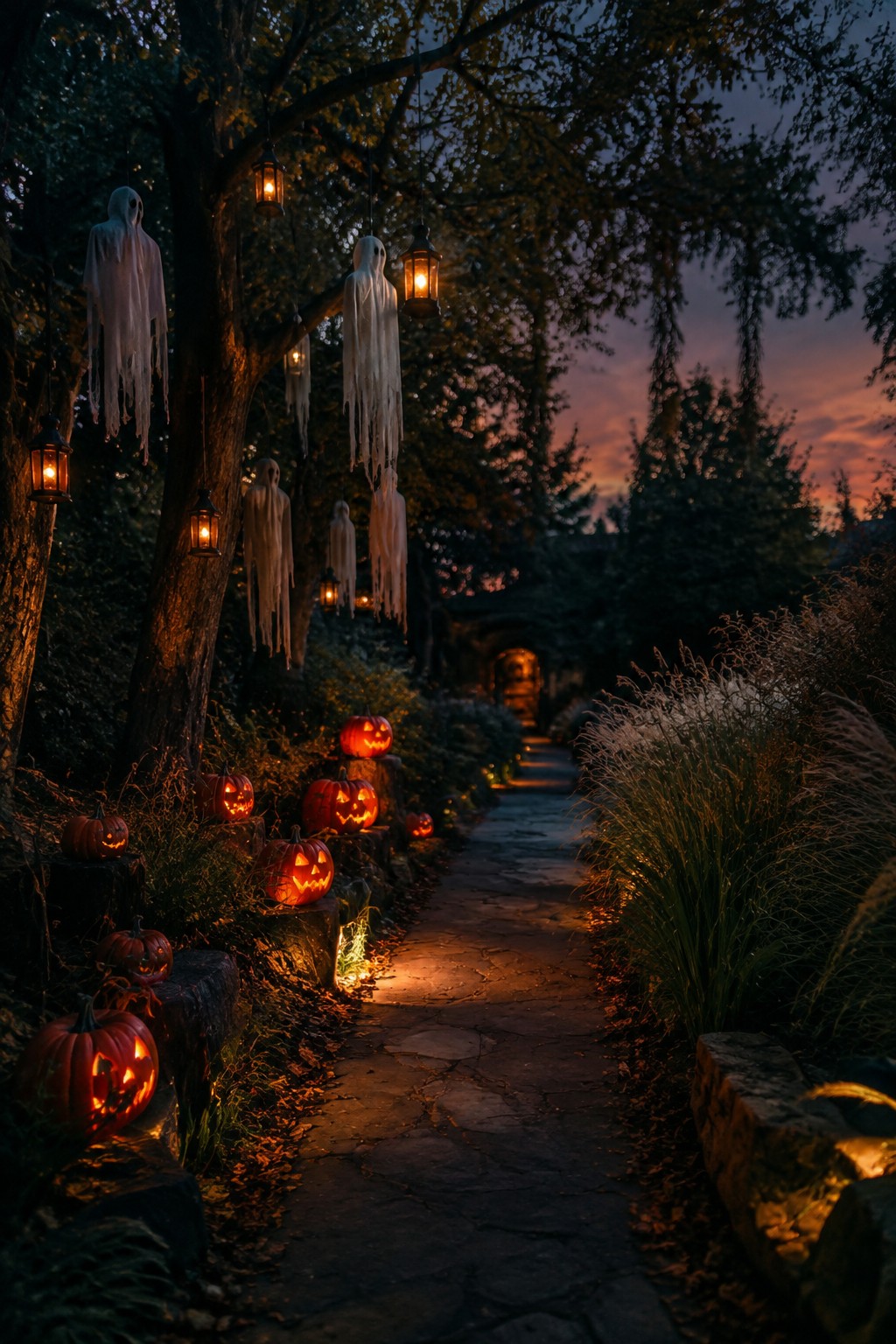 Outdoor stone walkway lined with carved jack o lanterns on logs and stumps, with white hanging ghosts and lanterns suspended from trees at dusk.