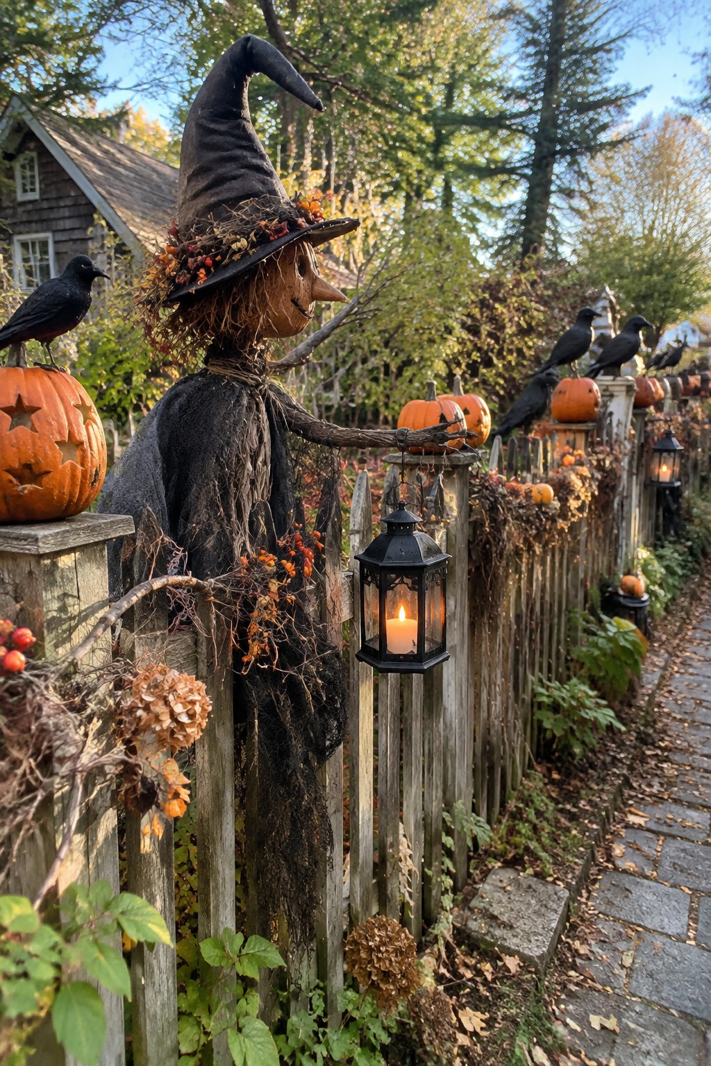 A large witch figure holding a lit lantern stands next to carved pumpkins along a wooden fence decorated with more pumpkins and black crows.