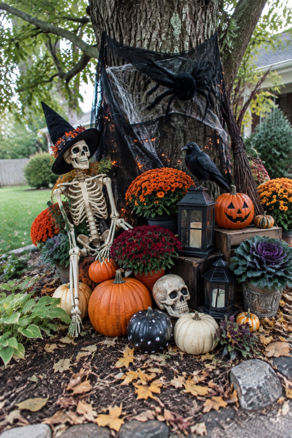 Witch skeleton with spider web, black crow, pumpkins, and autumn flowers at tree base