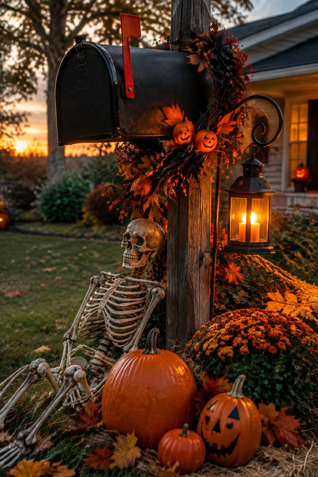Skeleton by mailbox post with glowing lantern, autumn wreath, and carved pumpkins at dusk