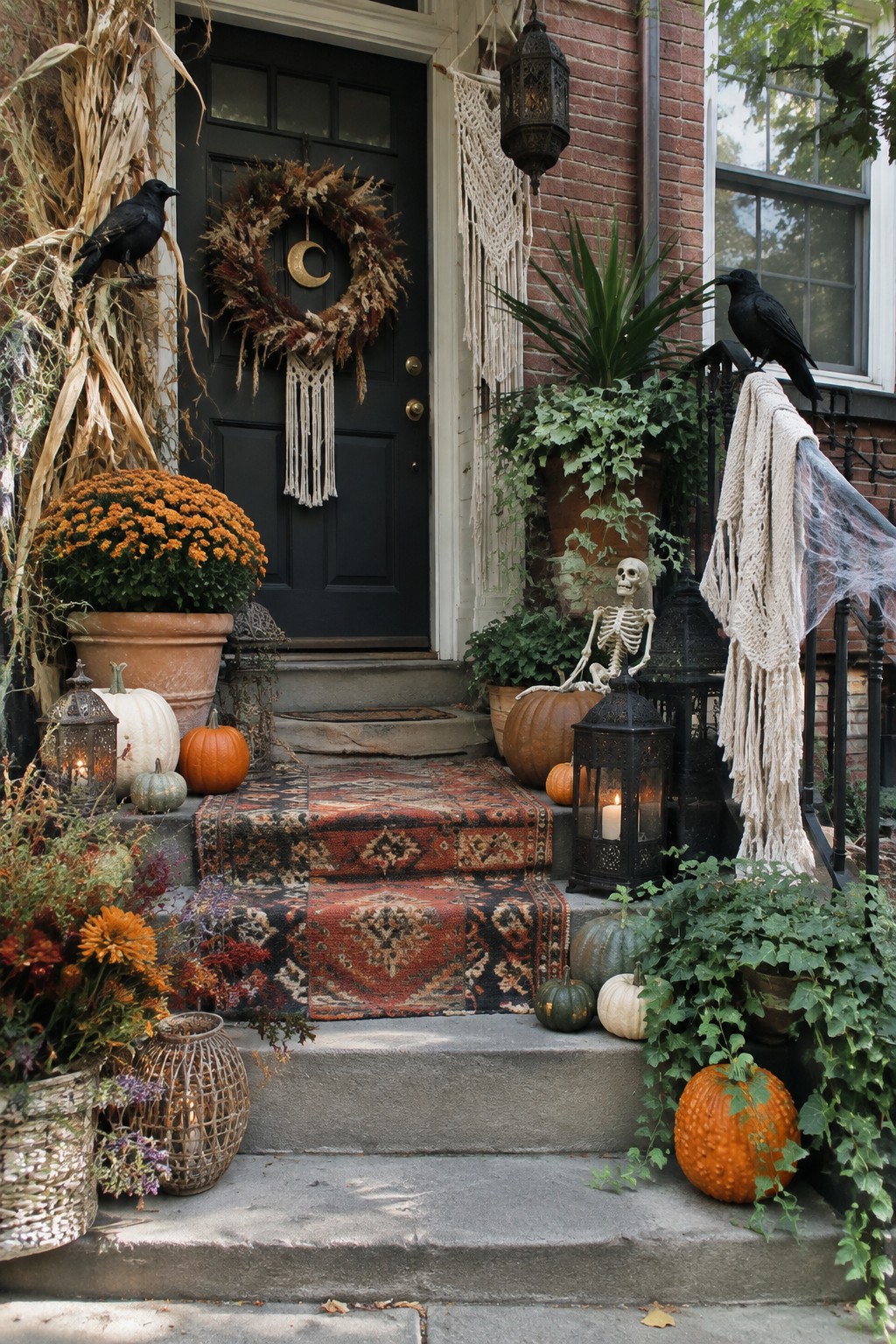 Front porch steps decorated with a skeleton sitting among pumpkins and lanterns beside a black door.