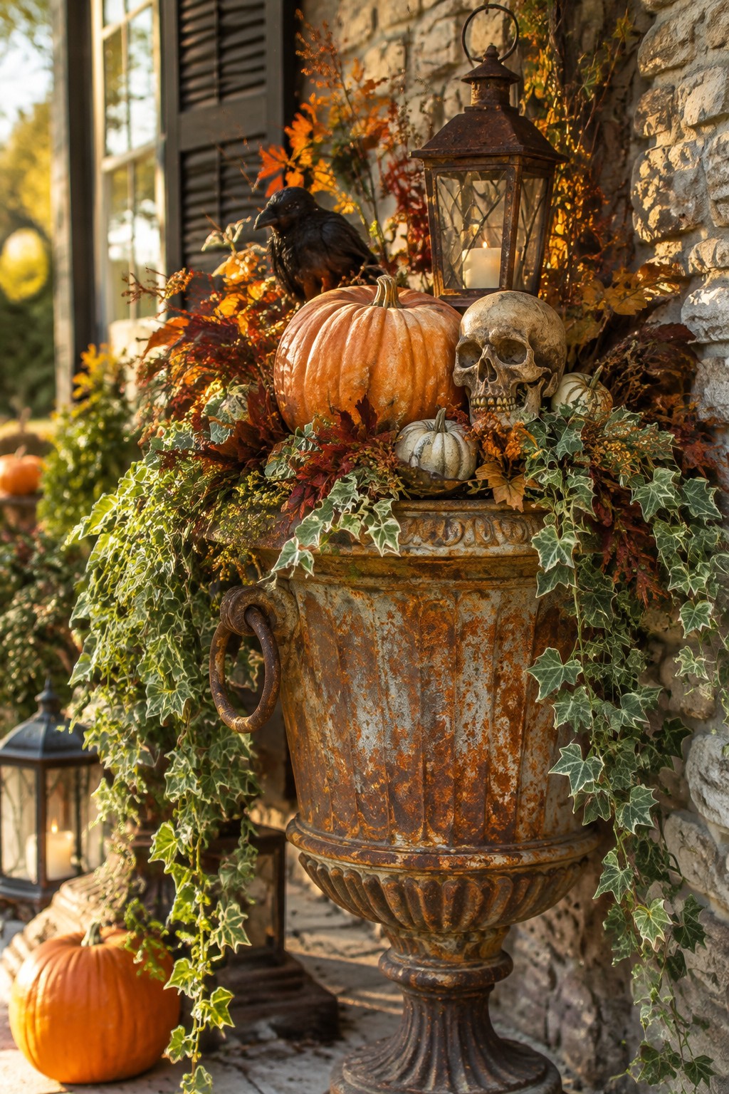 Large rusty urn on a stone porch holding an orange pumpkin, human skull, black crow, small white pumpkins, and a lit lantern with autumn leaves and ivy.