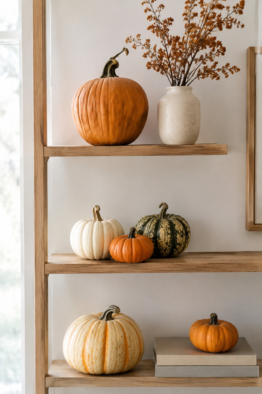 Wooden open shelves holding several pumpkins in orange, white, and green-striped varieties along with a beige vase of dried orange stems.