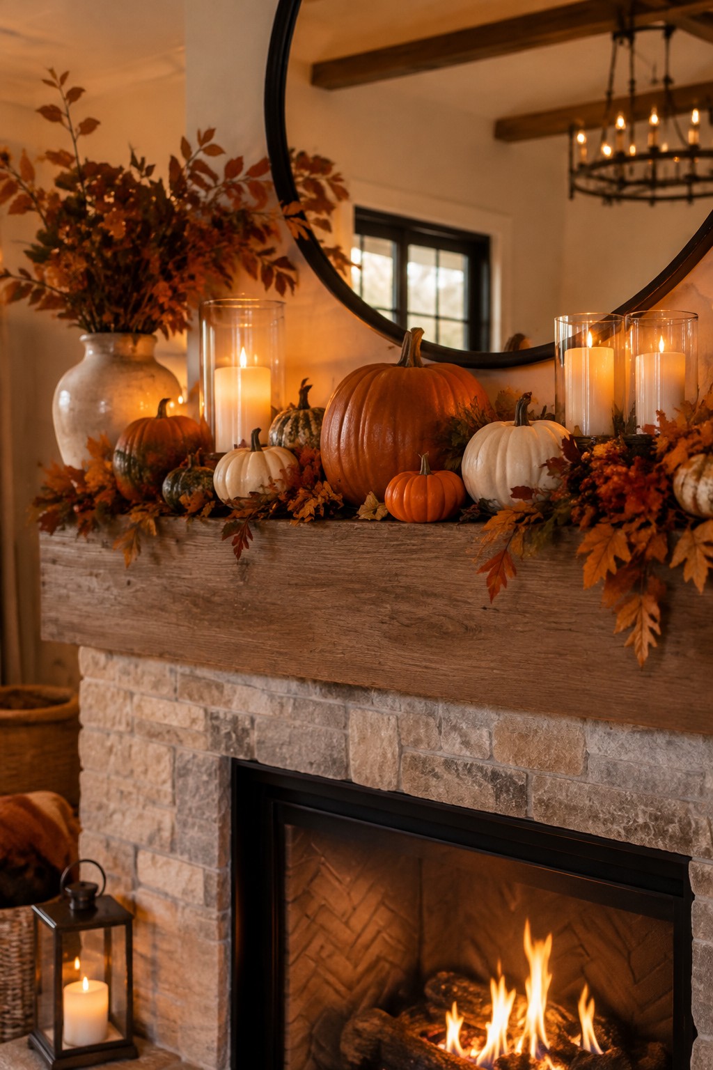 Stone fireplace mantel topped with orange, white, and patterned pumpkins arranged among glass candle holders and autumn leaves.