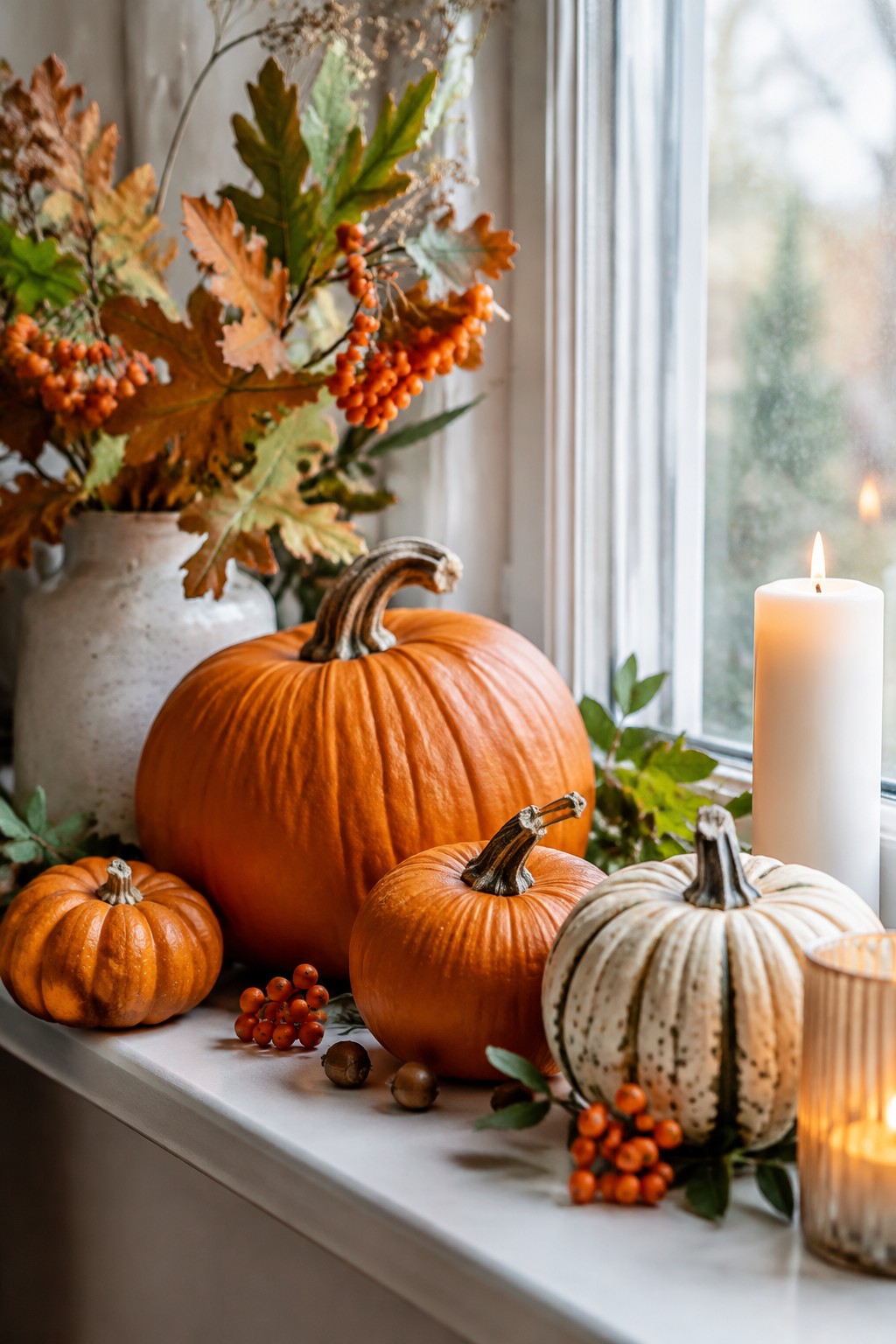 Windowsill arranged with several pumpkins of varying sizes and colors, a vase of autumn leaves and berries, and two lit candles.