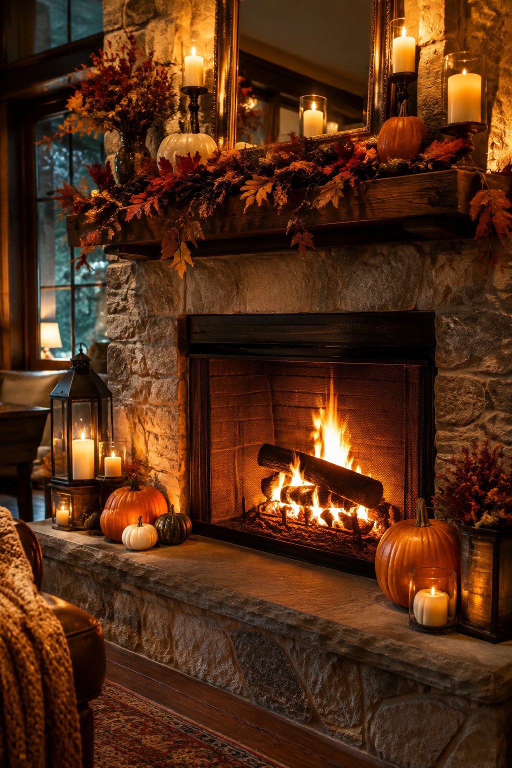 Stone fireplace mantel decorated with orange and white pumpkins, autumn leaves, and candles, with additional pumpkins placed on the hearth beside a lit fire.
