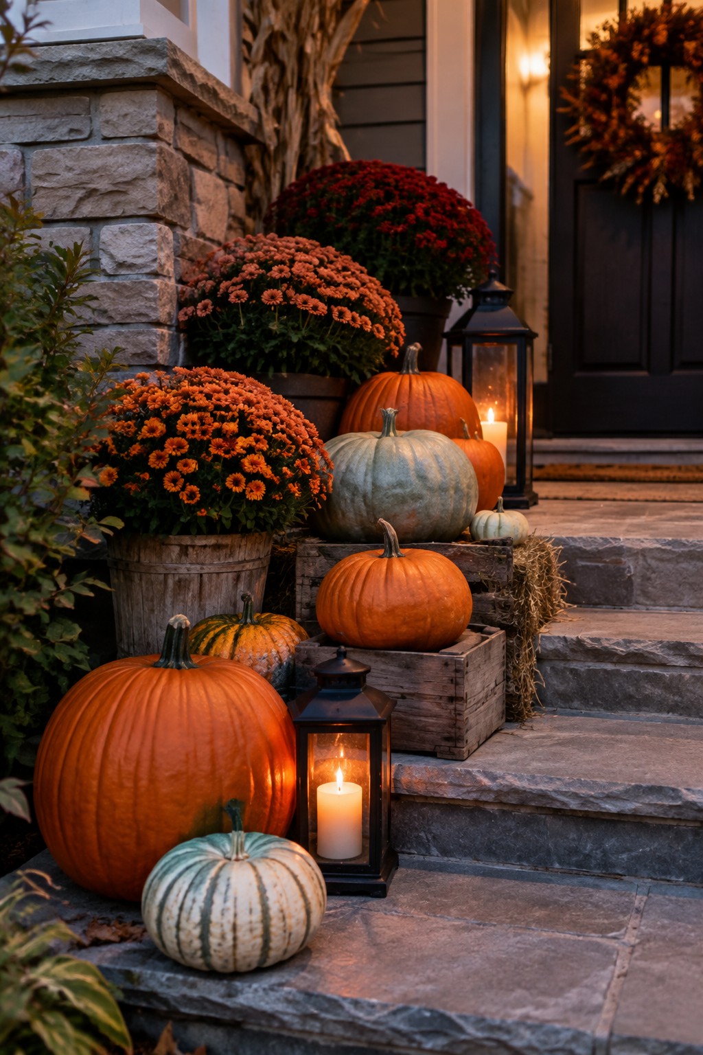 Front porch steps lined with orange and green pumpkins placed in wooden crates and barrels, next to potted orange mums and black lanterns.