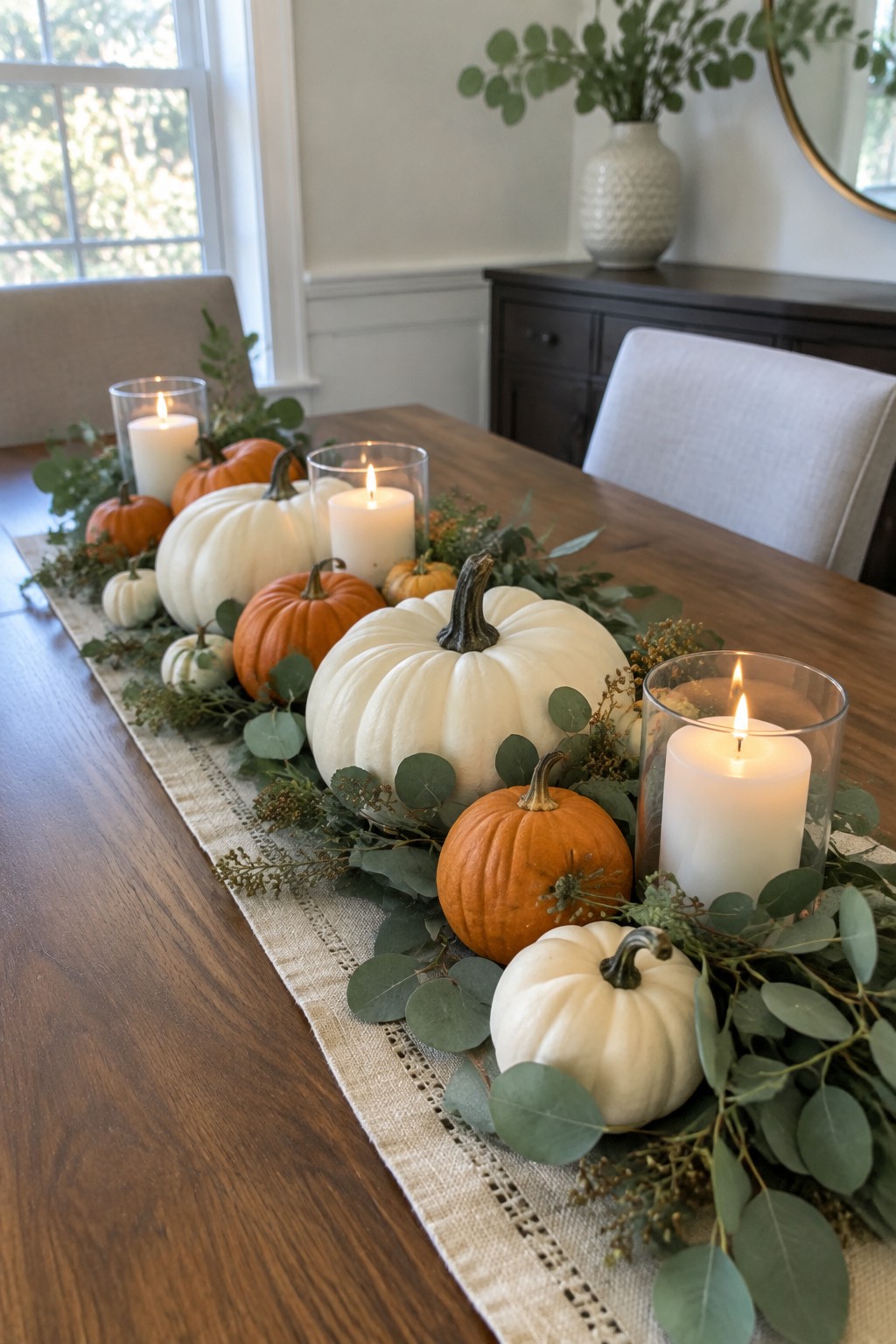 A long wooden dining table with a centerpiece of white and orange pumpkins arranged on a burlap runner alongside lit candles in glass holders and scattered eucalyptus greenery.
