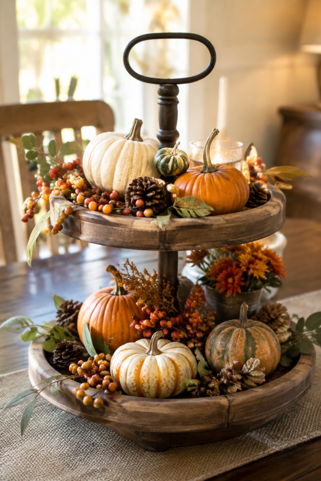 Two-tier wooden tray filled with white, orange, and green pumpkins along with berries and pinecones on a dining table.