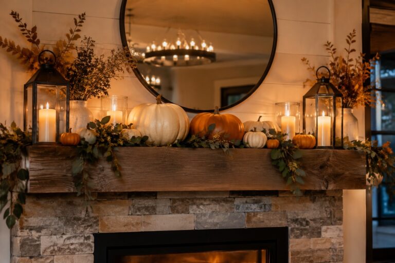 17 Trendy DIY Pumpkin Decor Ideas to Craft This Weekend Stone fireplace mantel topped with orange, white, and patterned pumpkins arranged among glass candle holders and autumn leaves.