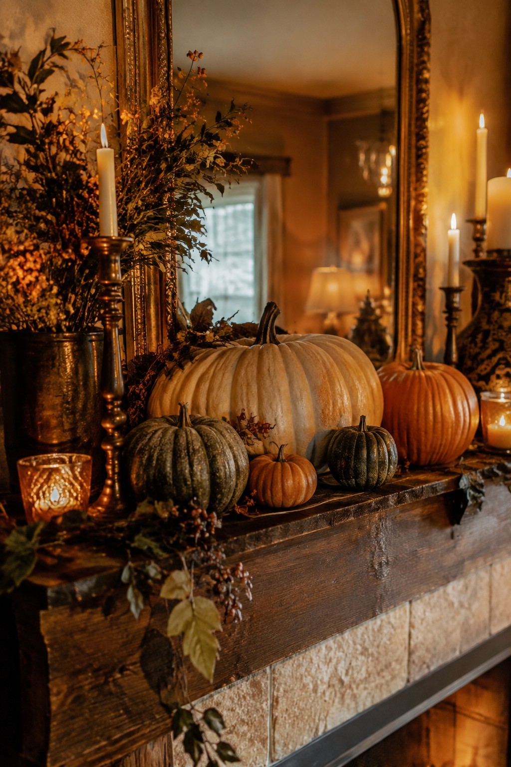 Wooden mantel decorated with white, orange, and green pumpkins of various sizes along with tall candles in dark holders.