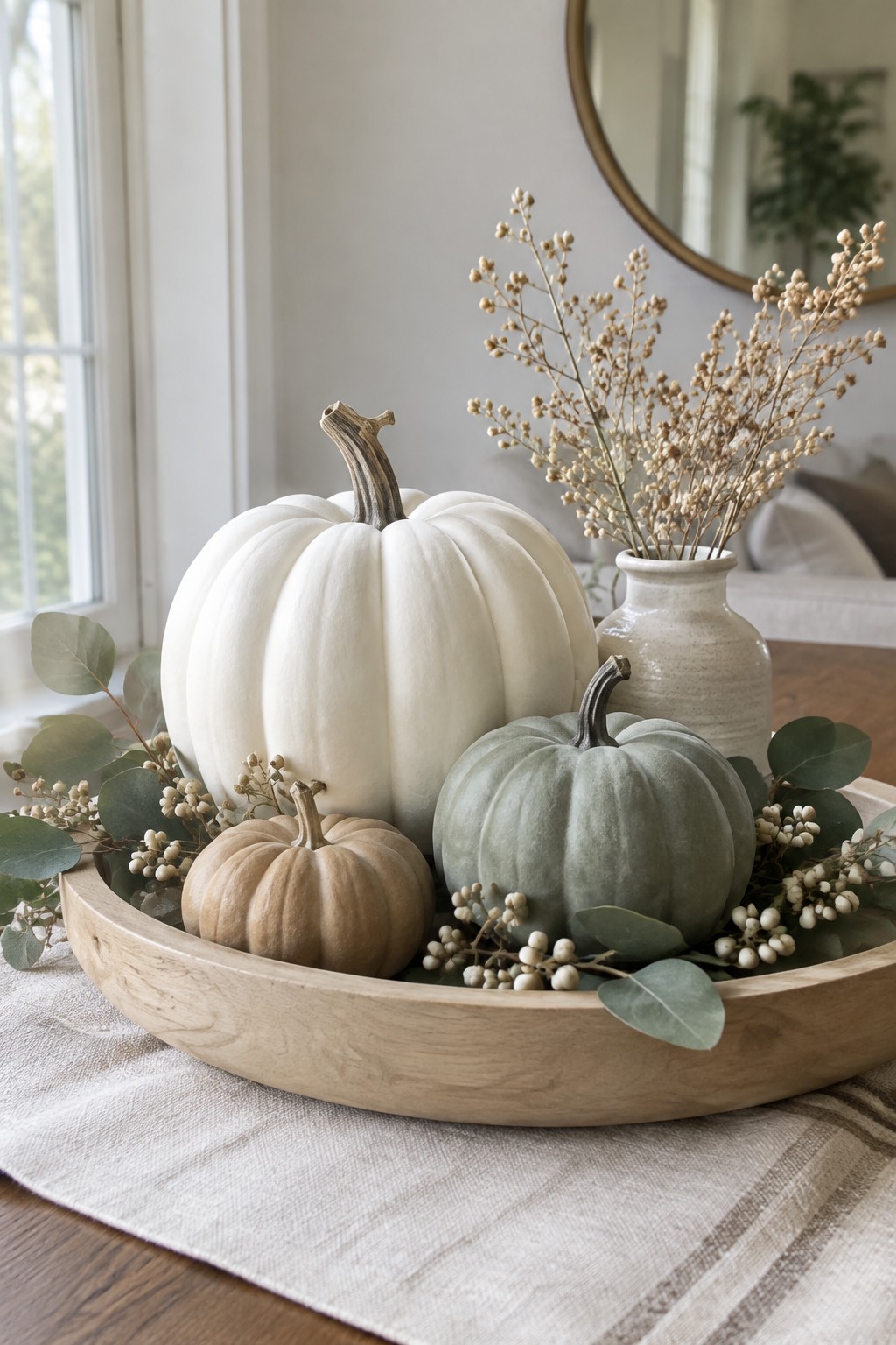 Wooden tray holding white, sage green, and beige pumpkins with eucalyptus and dried filler on a table.