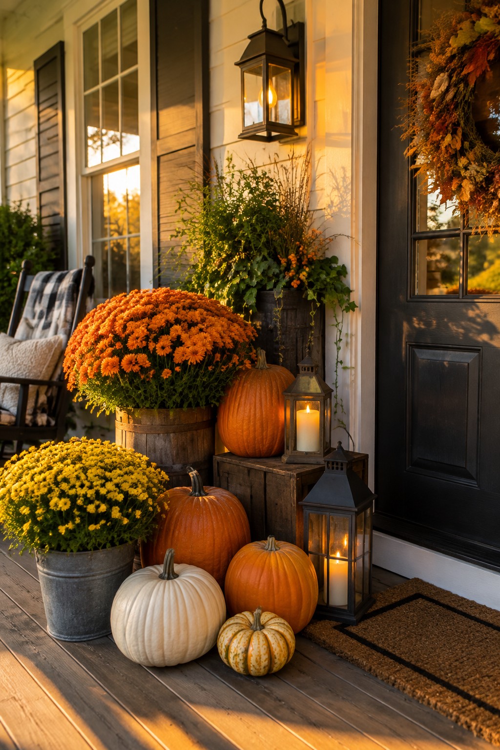 Front porch steps lined with orange, white, and striped pumpkins next to potted chrysanthemums and two lit black lanterns.