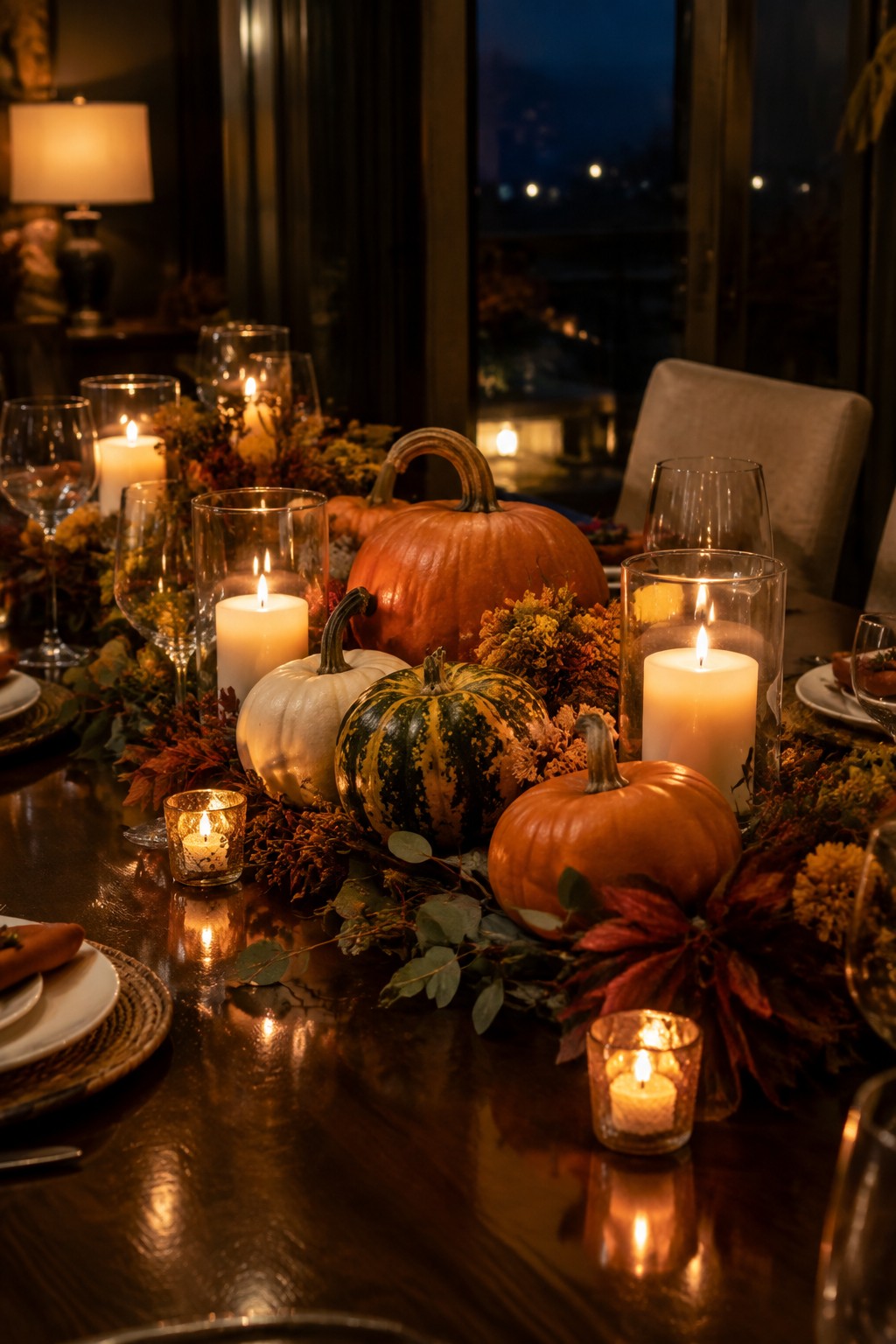 A dark wooden dining table set with a centerpiece of orange, white, and striped pumpkins mixed with lit candles in glass holders and autumn foliage.