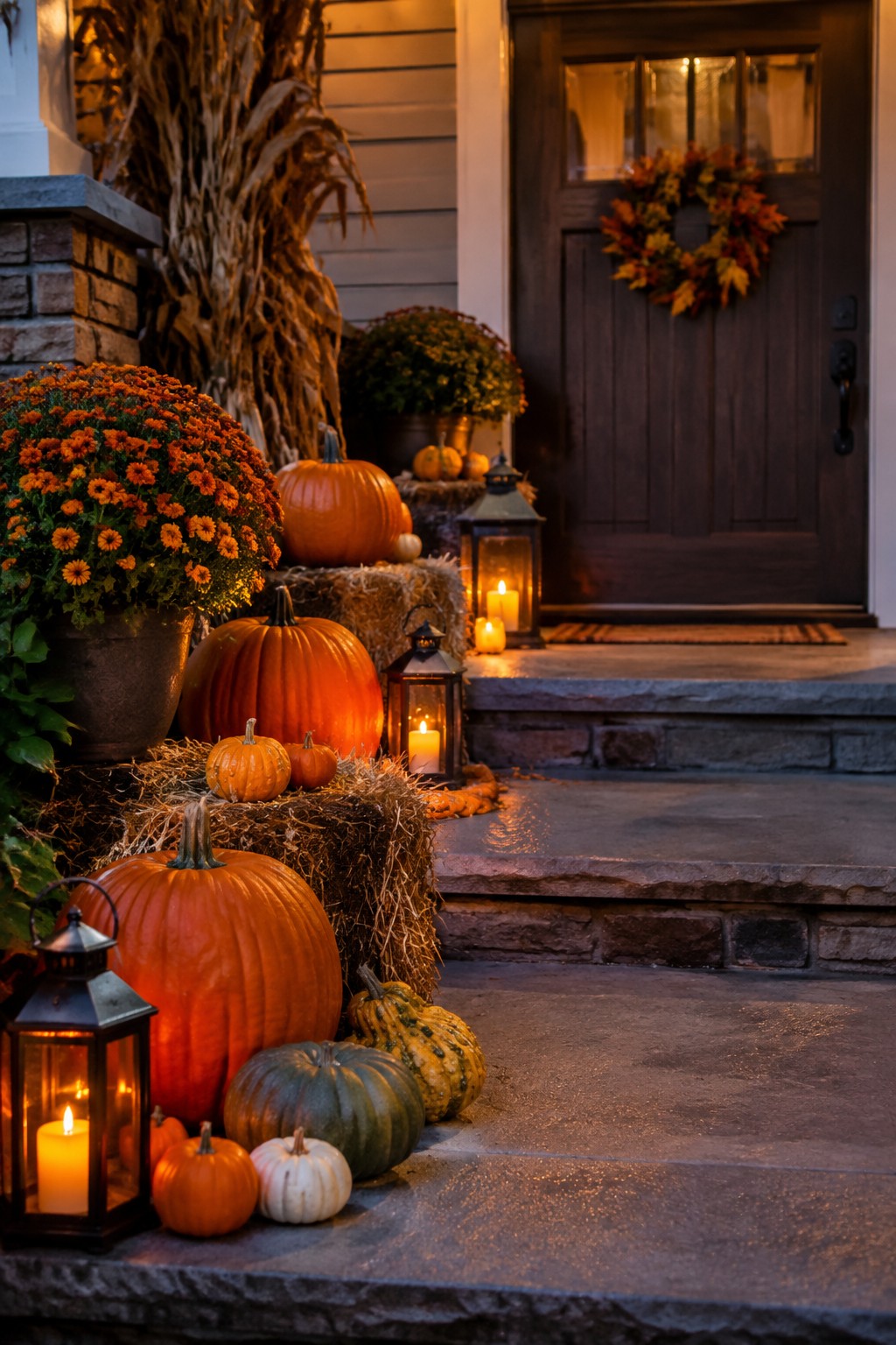 Autumn porch with pumpkins, glowing lanterns, hay bales, and fall flowers at dusk.