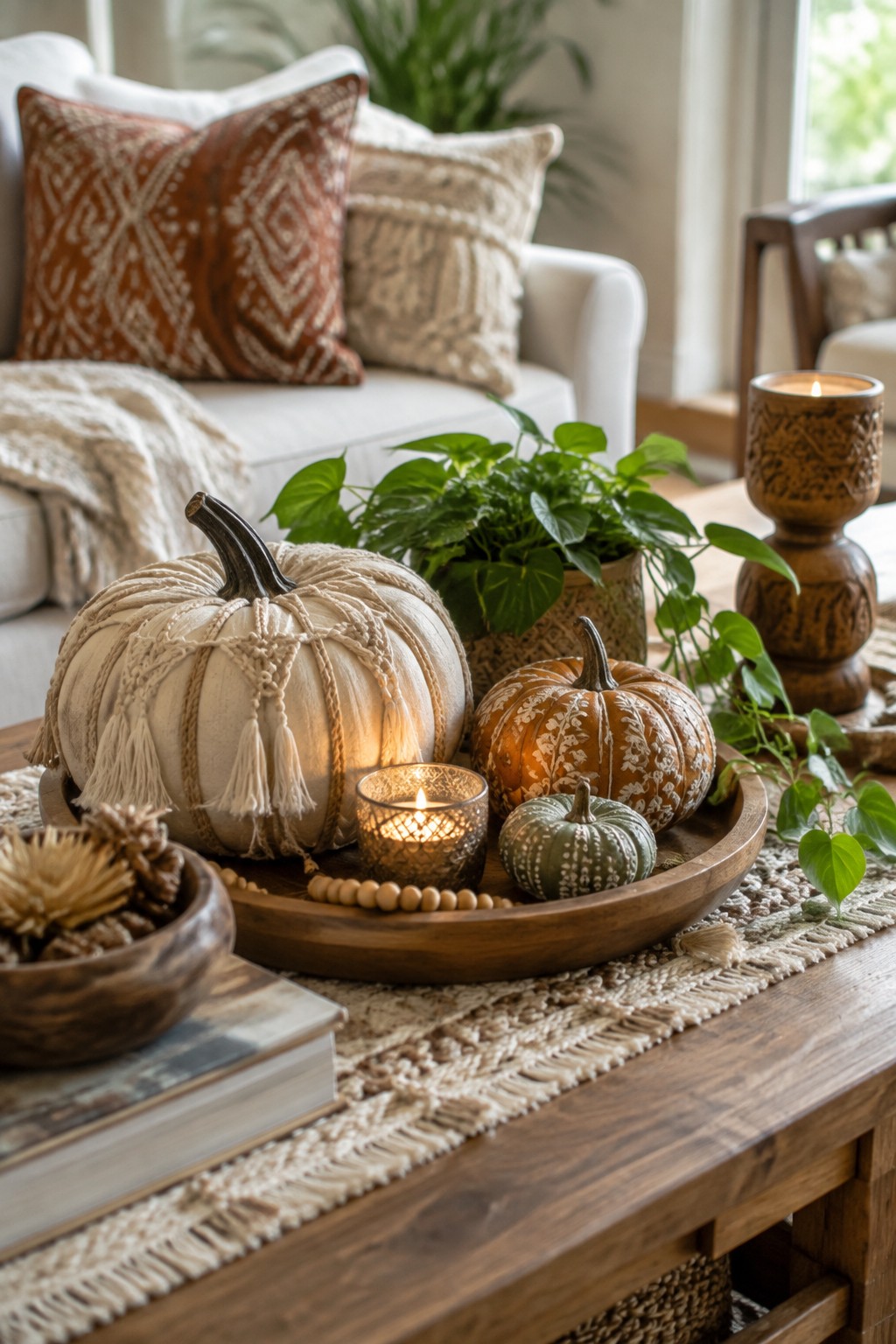 Neutral pumpkins decorated with macrame wrapping and white patterns arranged in a wooden tray with lit candles on a living room table.
