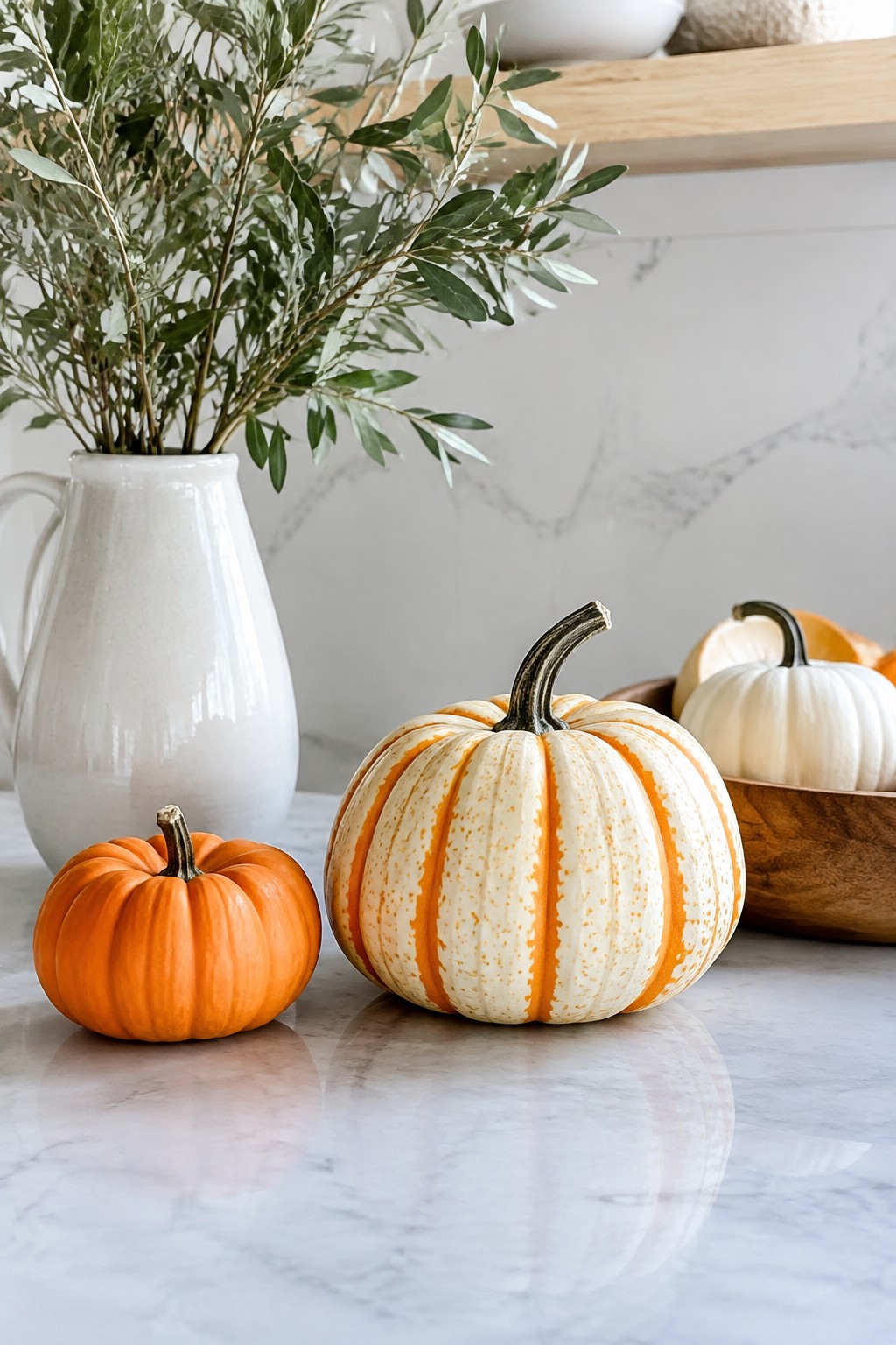 Orange and white striped pumpkins on marble counter with green foliage in vase.