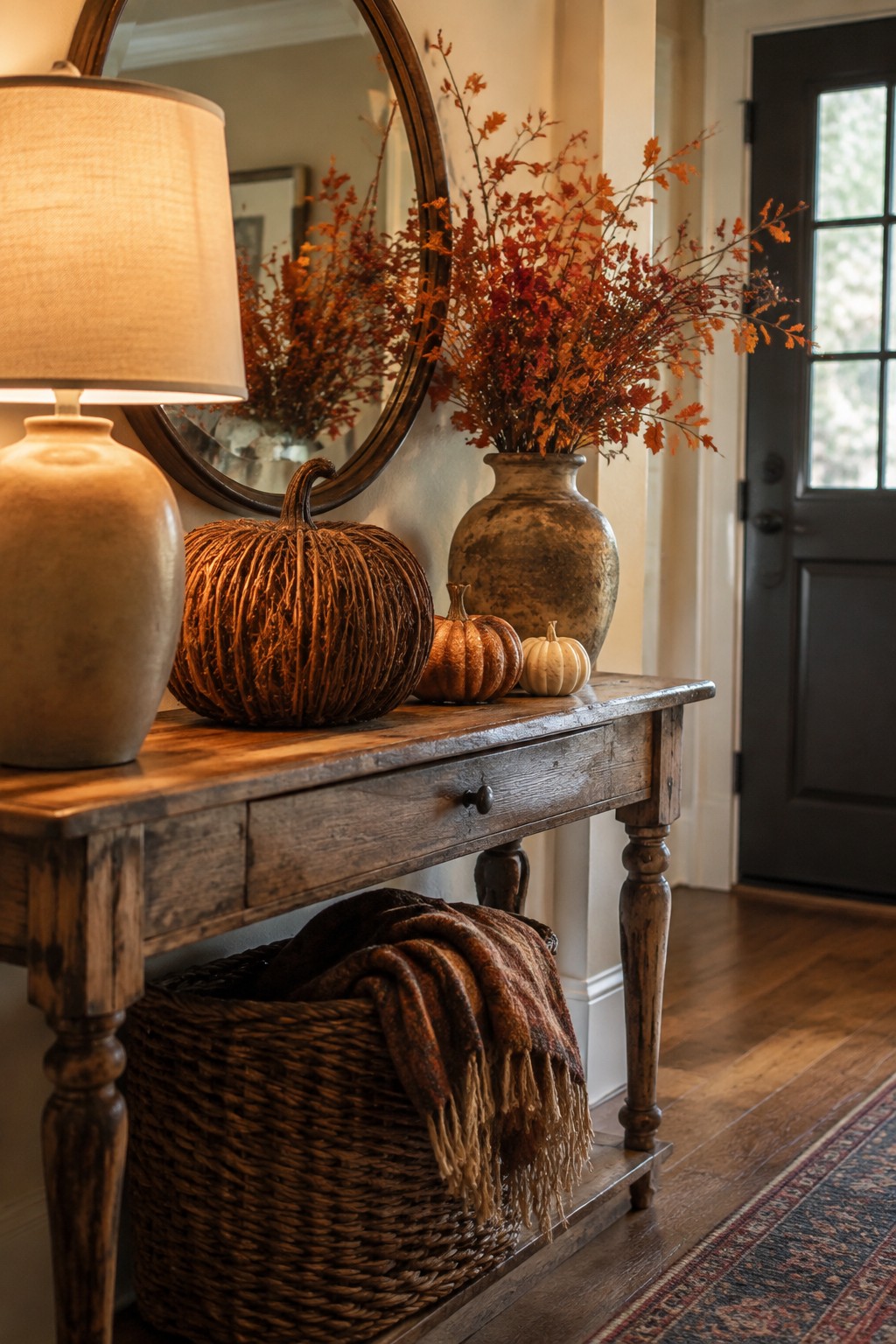 Rustic console table with lamp, woven pumpkin, autumn branches in vase, and basket below.