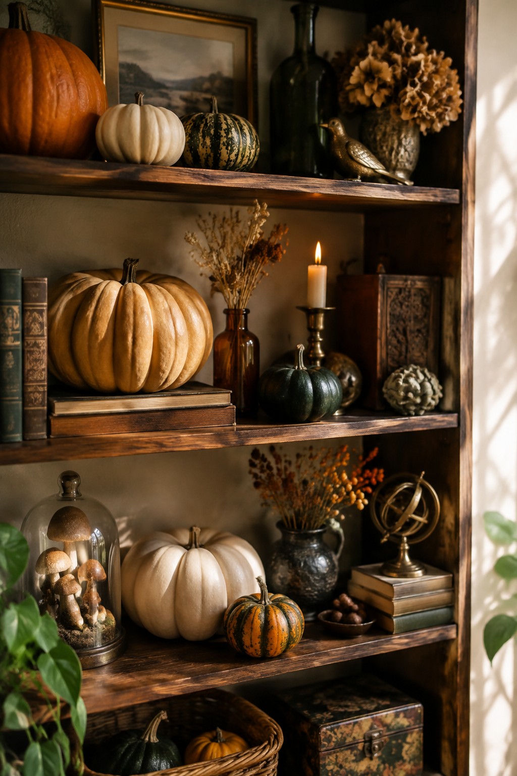 Built-in wooden shelves displaying various pumpkins in white, orange, and green tones alongside books, dried flowers, and a lit candle.