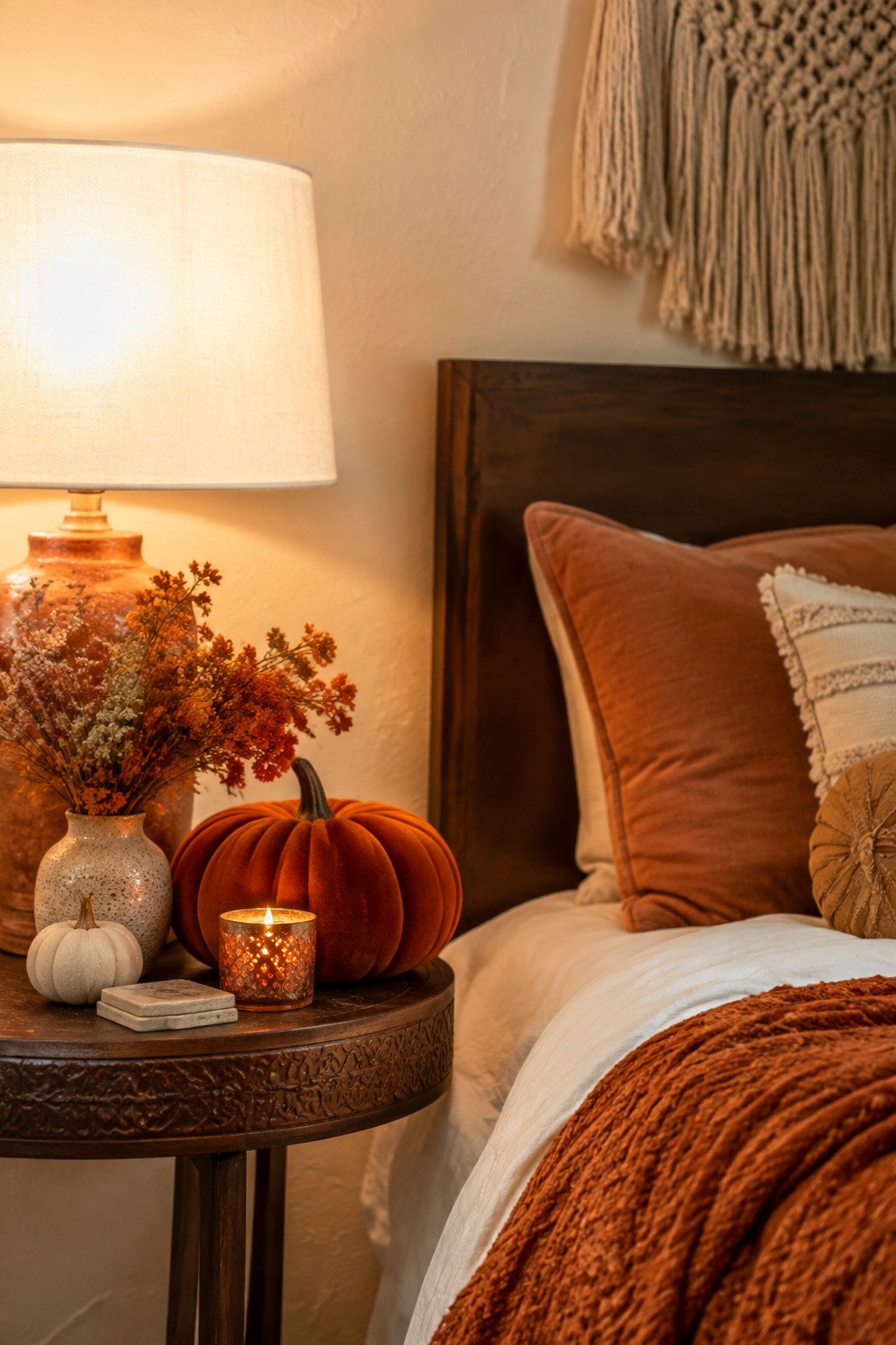 A wooden nightstand beside a bed holds an orange velvet pumpkin, a small white pumpkin, a lit candle, and a vase of dried flowers.
