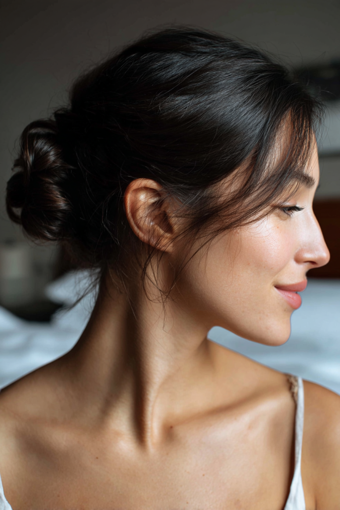 A woman with black hair styled in a sleek low bun with soft wispy strands framing her face.