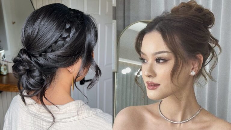 18 Elegant Low and Messy Bun Hairstyles for Women Side-by-side comparison showing a textured dark brown low bun accented with a side braid on the left and a soft, high messy bun updo with wavy face-framing tendrils on the right.