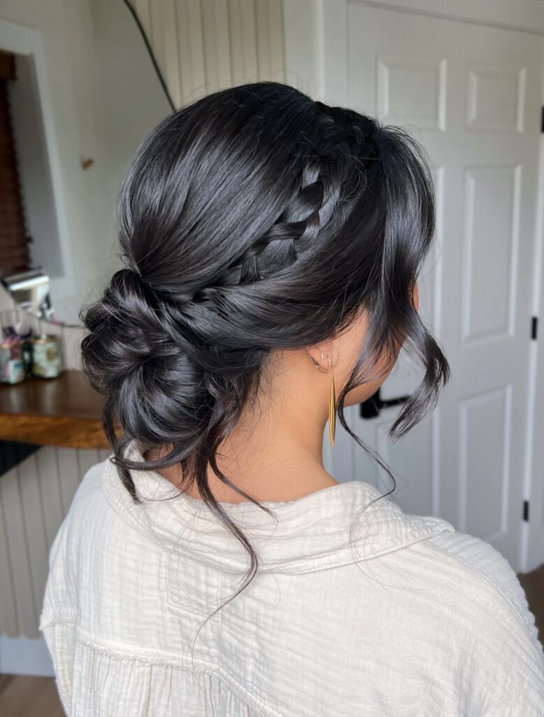 A woman with black hair styled in a low bun featuring a delicate side braid and loose face-framing strands.