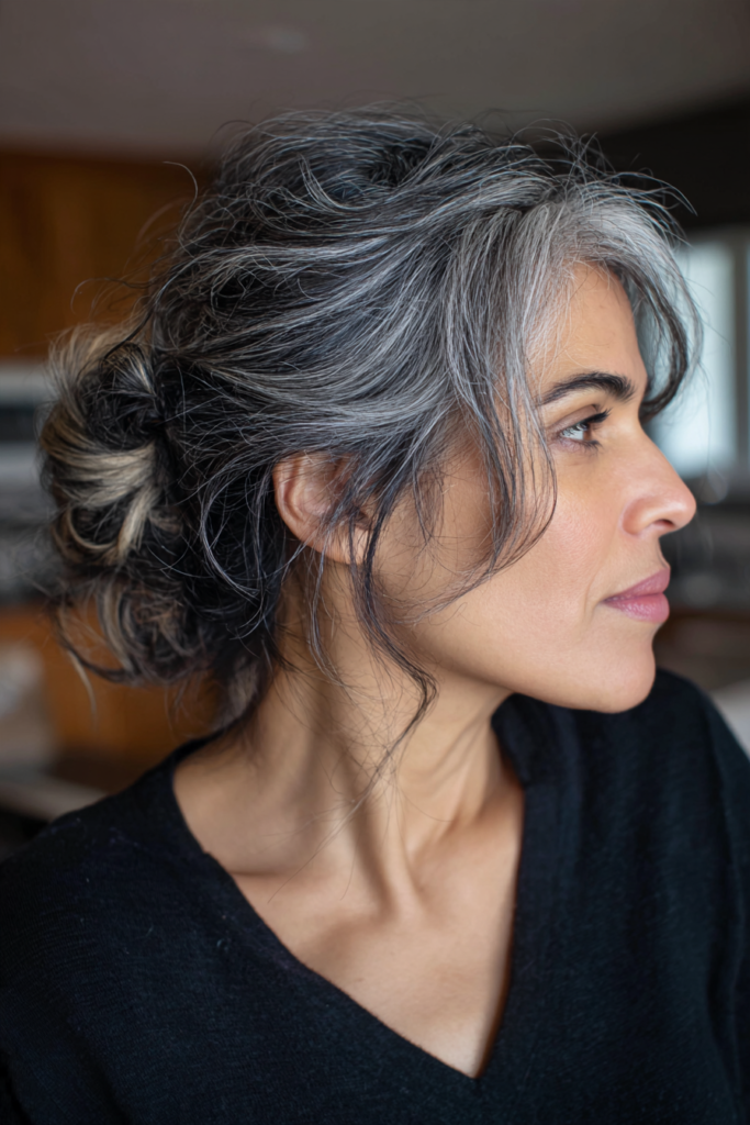 A woman with salt and pepper hair wears a wavy face-framing updo with a loose textured bun.