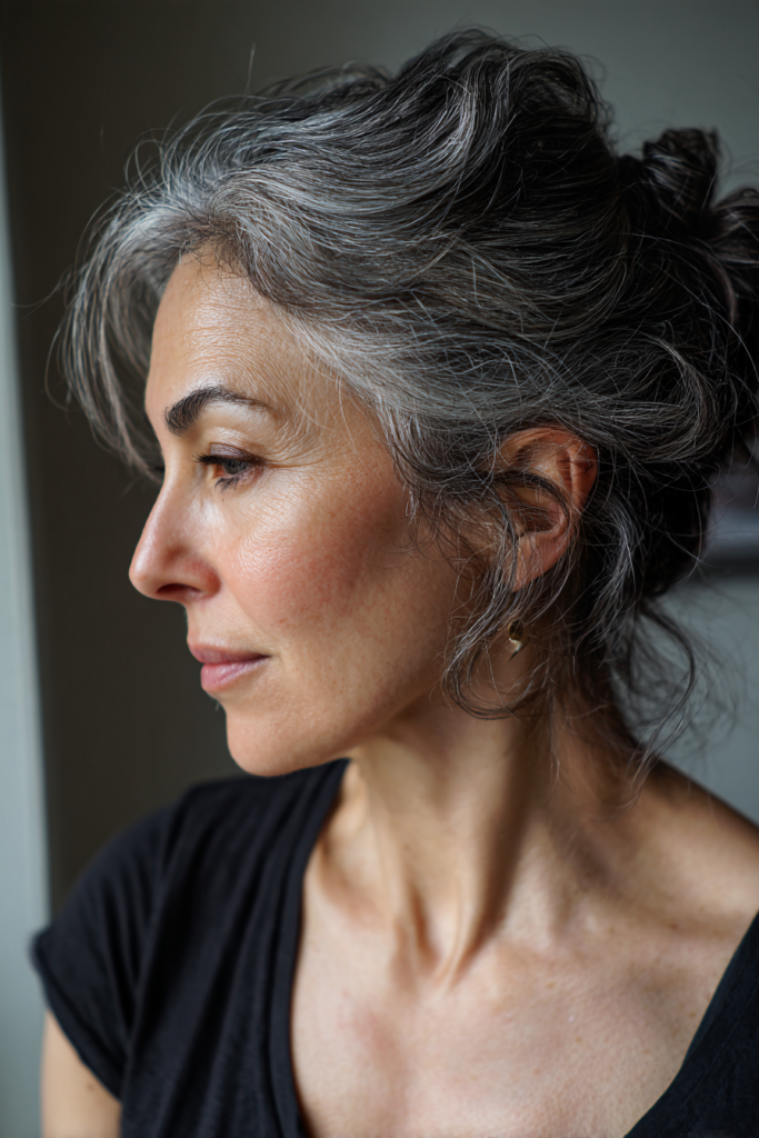 A woman with salt and pepper hair wears a voluminous piled up updo with loose face-framing pieces.