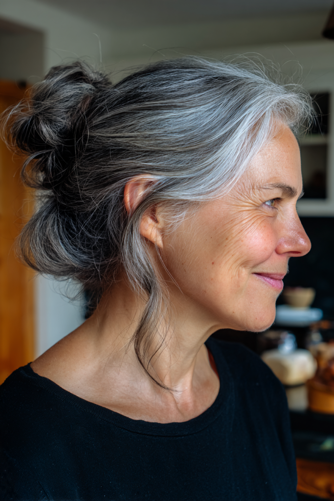 A woman with salt and pepper hair wears a casual loose top knot with soft face-framing strands.