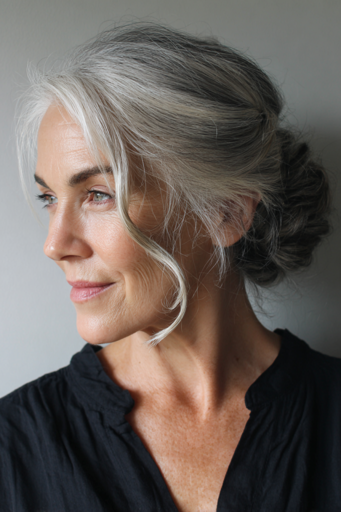  A woman with silver and white hair wears a smooth updo with a curled face-framing piece.