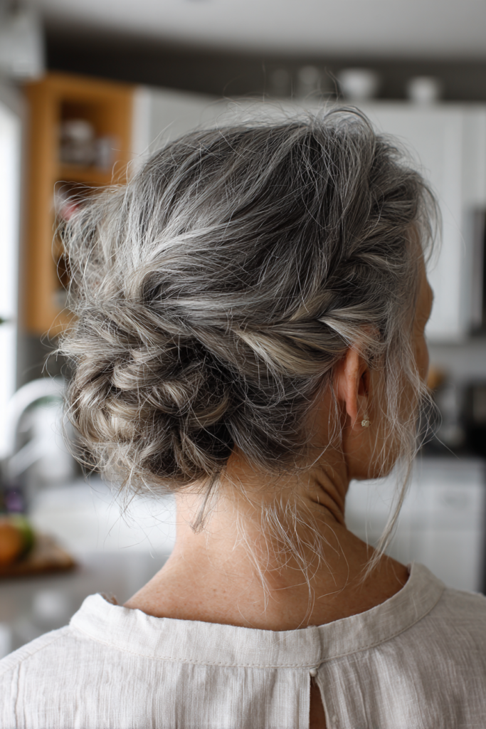 A woman with salt and pepper hair wears a textured braided low bun with loose face-framing strands.