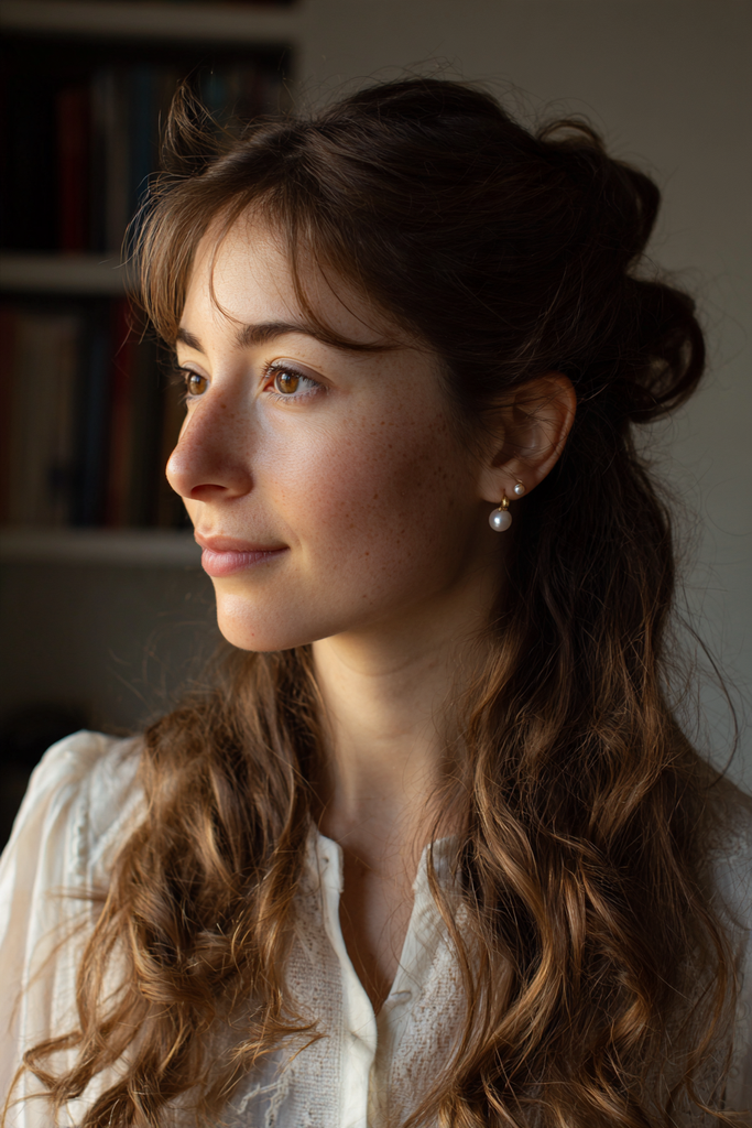 A woman with medium length wavy brown hair and wispy fringe features a soft messy top knot with hair falling over her shoulders.